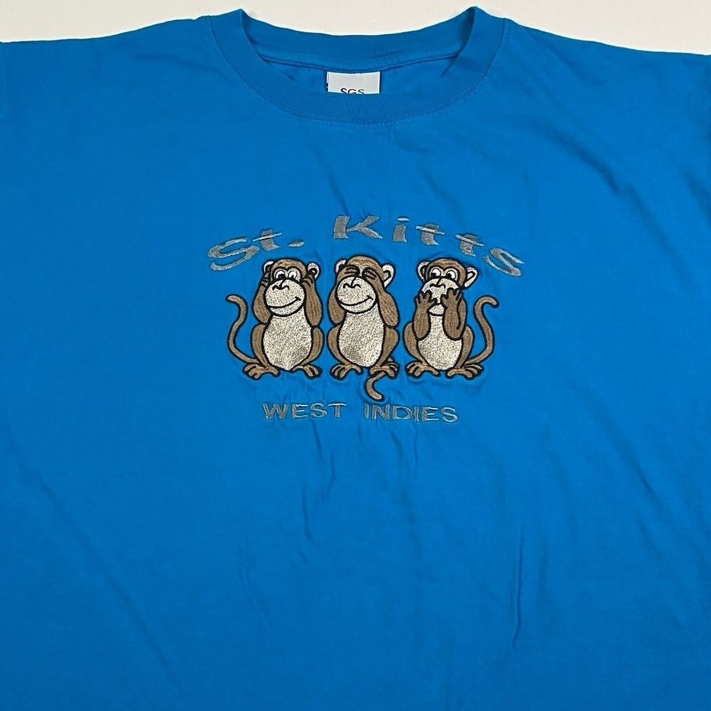 St. Kitts West Indies T-Shirt Mens XL‎ Embroidered Monkey Hear See Speak No Evil